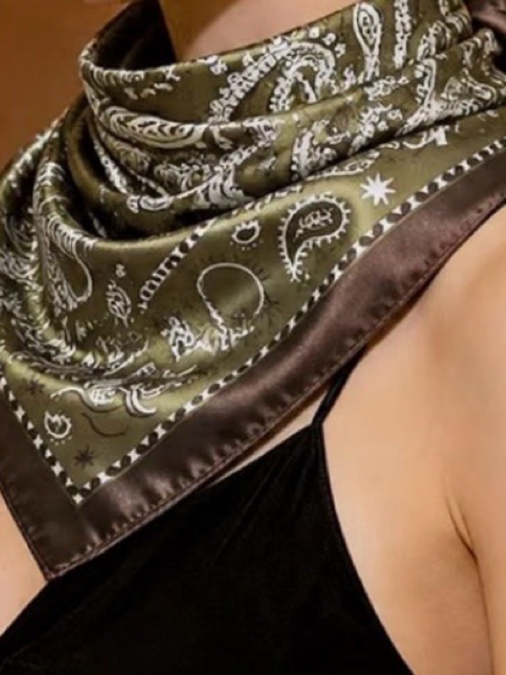 Olive Green Paisley Satin Bandana Scarf